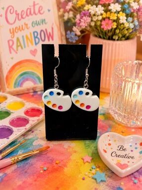 White Artist Palette Dangle Earrings with Rainbow Paint Dots